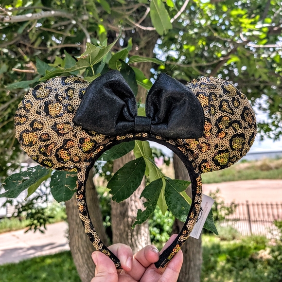 Disney Accessories - Disney Leopard Print Minnie Mouse Ears Headband With Black Lame Bow